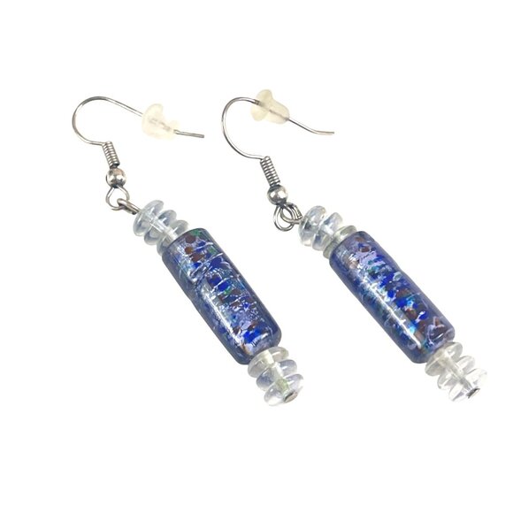Handcrafted Glass Bead Dangle Earrings With Blue & Clear Accents Boho Beachy - Picture 2 of 6